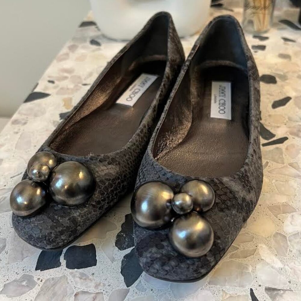 Jimmy Choo Women's Gray Snakeskin Suede Flats Size 37.5